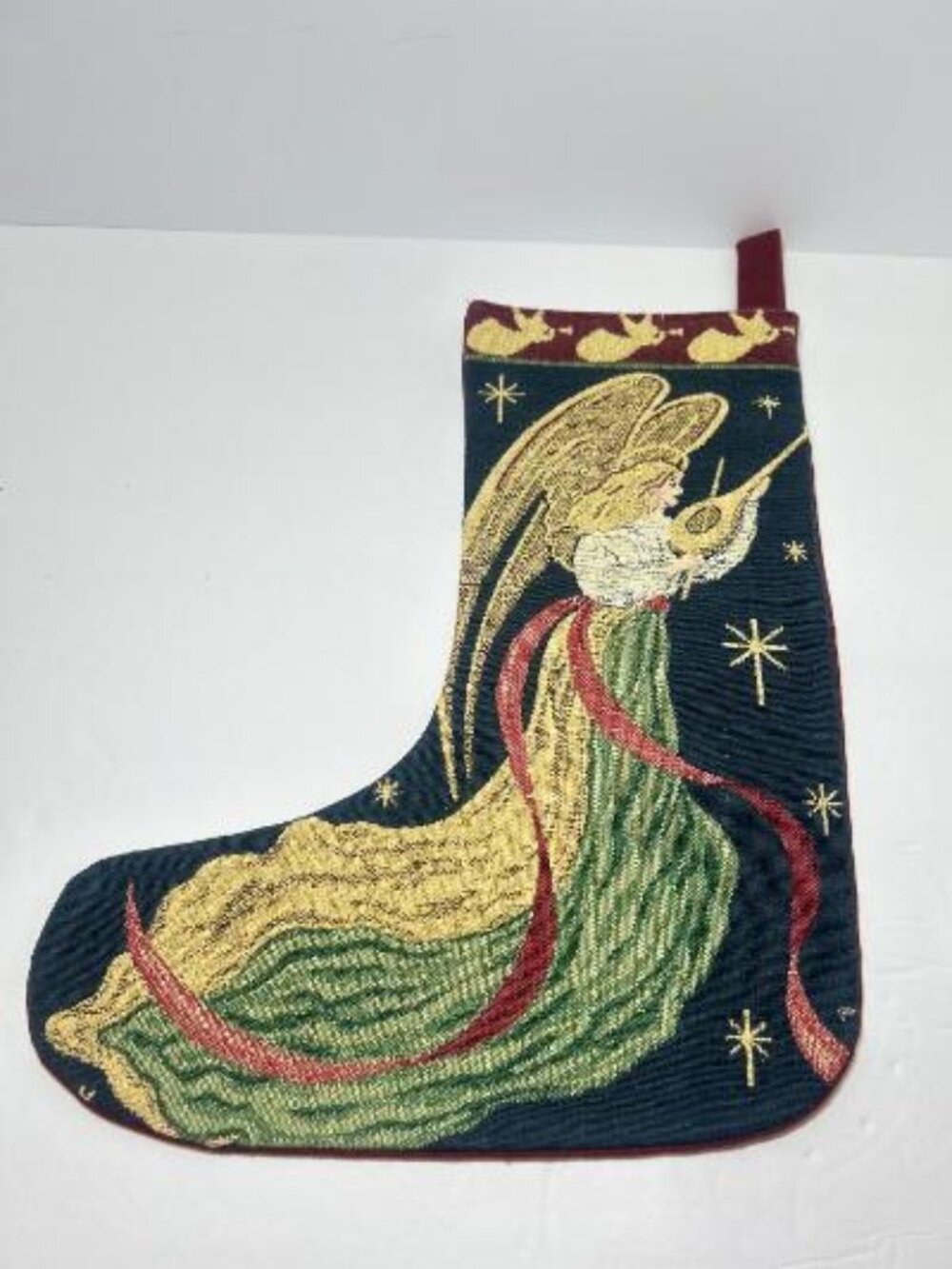 Vintage Tapestry Christmas Stocking Angel Holding Stars Gold Details